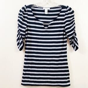 White House Black Market Striped Ruched Sleeves Black/Gray Top